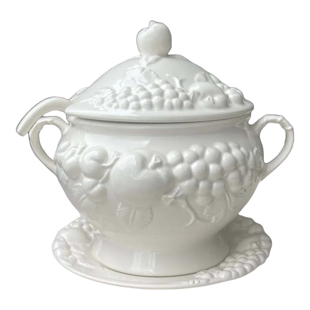 Signature Japan White Tureen and Ladle - 1970s White Fruit Pattern Ceramic: Collectable Vintage Embossed Art Pottery Signature Ceramic Soup Tureen Bowl With Lid & Ladle. made in Japan in the 1980s. Looks like this Apples/Grape Motif Cream Soup Tureen Bowl has never been used