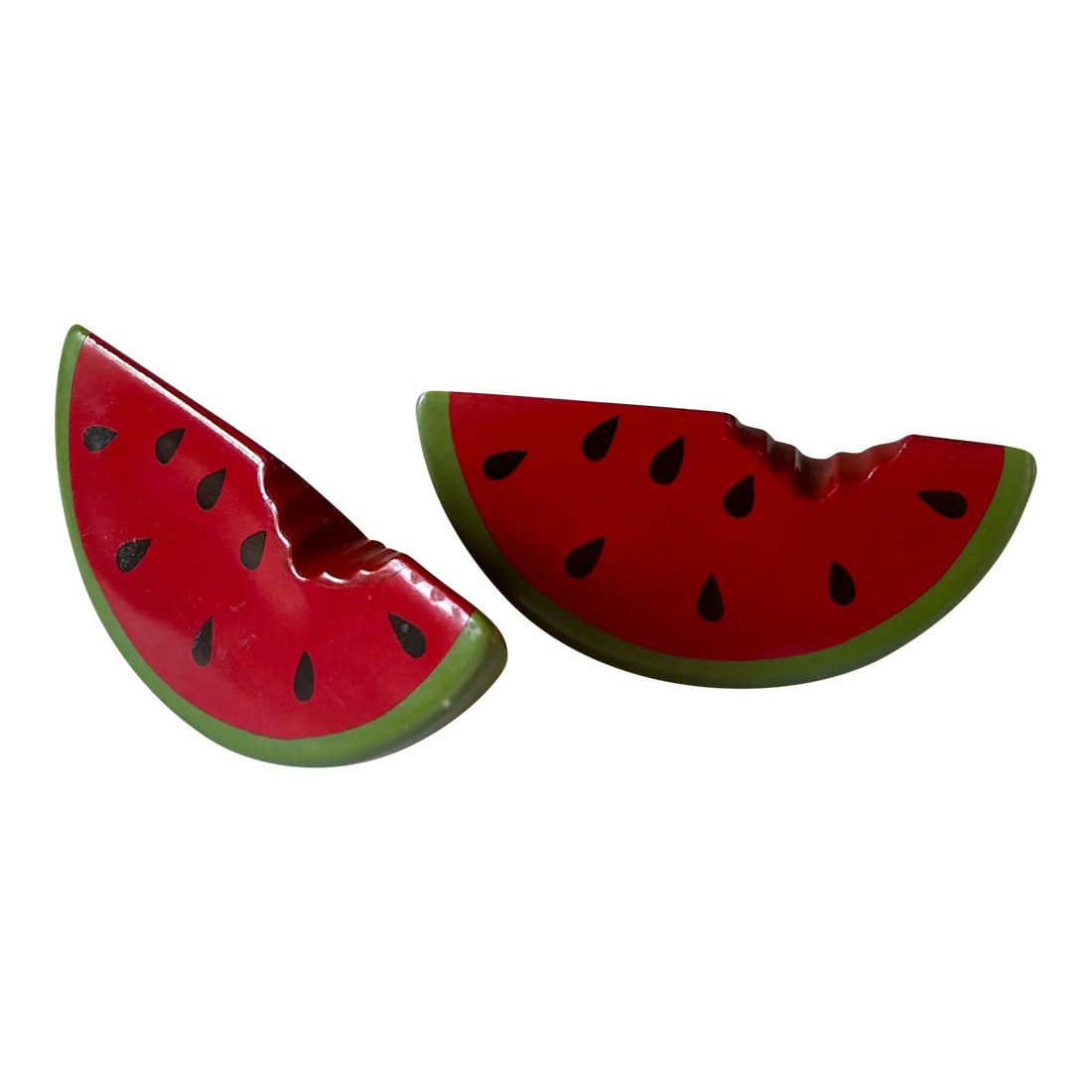 Trompe-l'Oeil Americana Ceramic Watermelon Salt and Pepper Shakers- A Pair: Seeds included! These fantastic vintage ceramic salt and pepper shakers in the shape of watermelon slices are made all the more whimsical thanks to the "bite" that is part of the design. Pure pop art