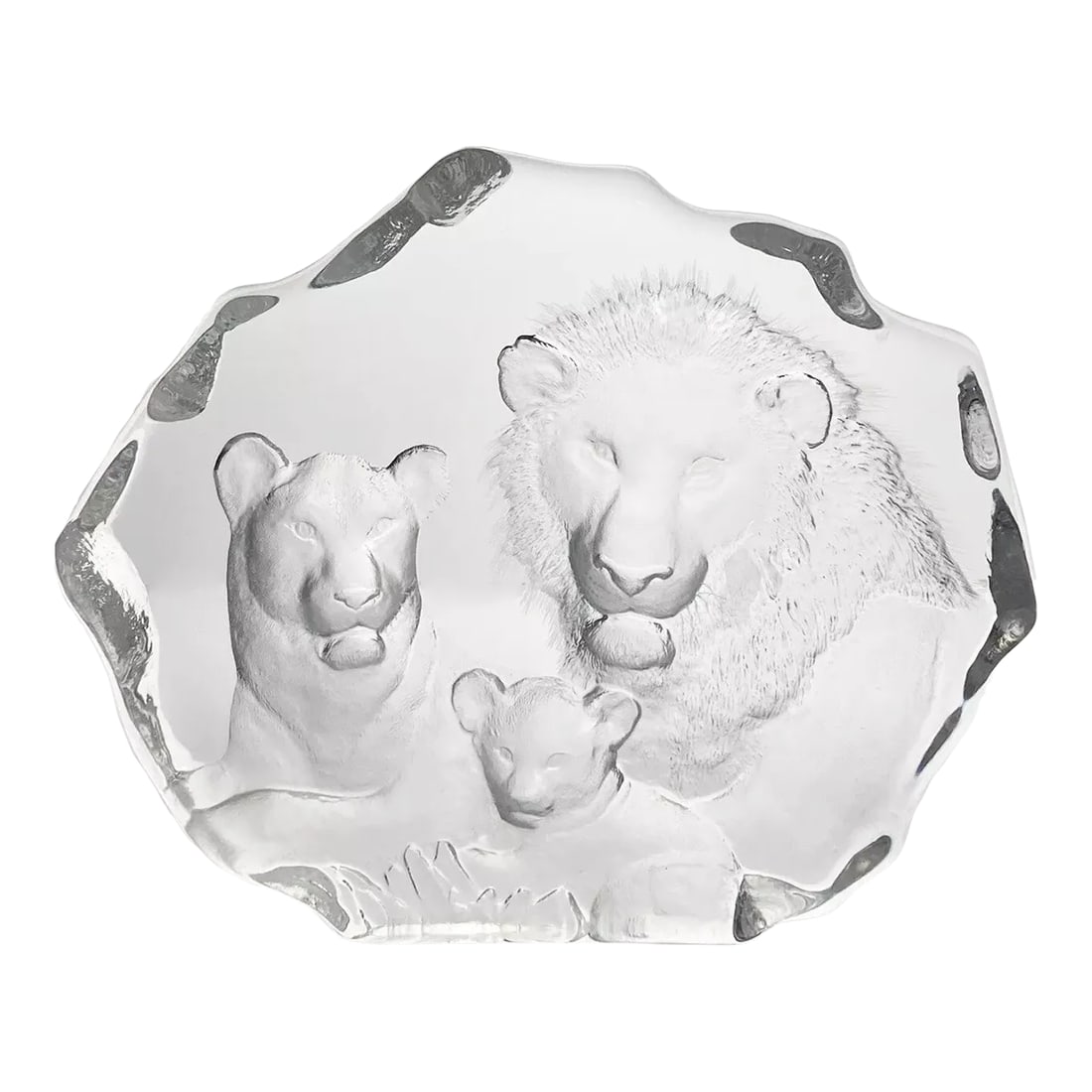 1990s Mats Jonasson "Lion & Family" Crystal Swedish Paperweight Sculpture: Mats Jonasson "Lion & Family" Crystal Swedish Paperweight Sculpture 8.5" Signed. Good condition. No major wear. Minor fleabite chip on top of sculpture. See pictures, comes with age and use. Length 8 