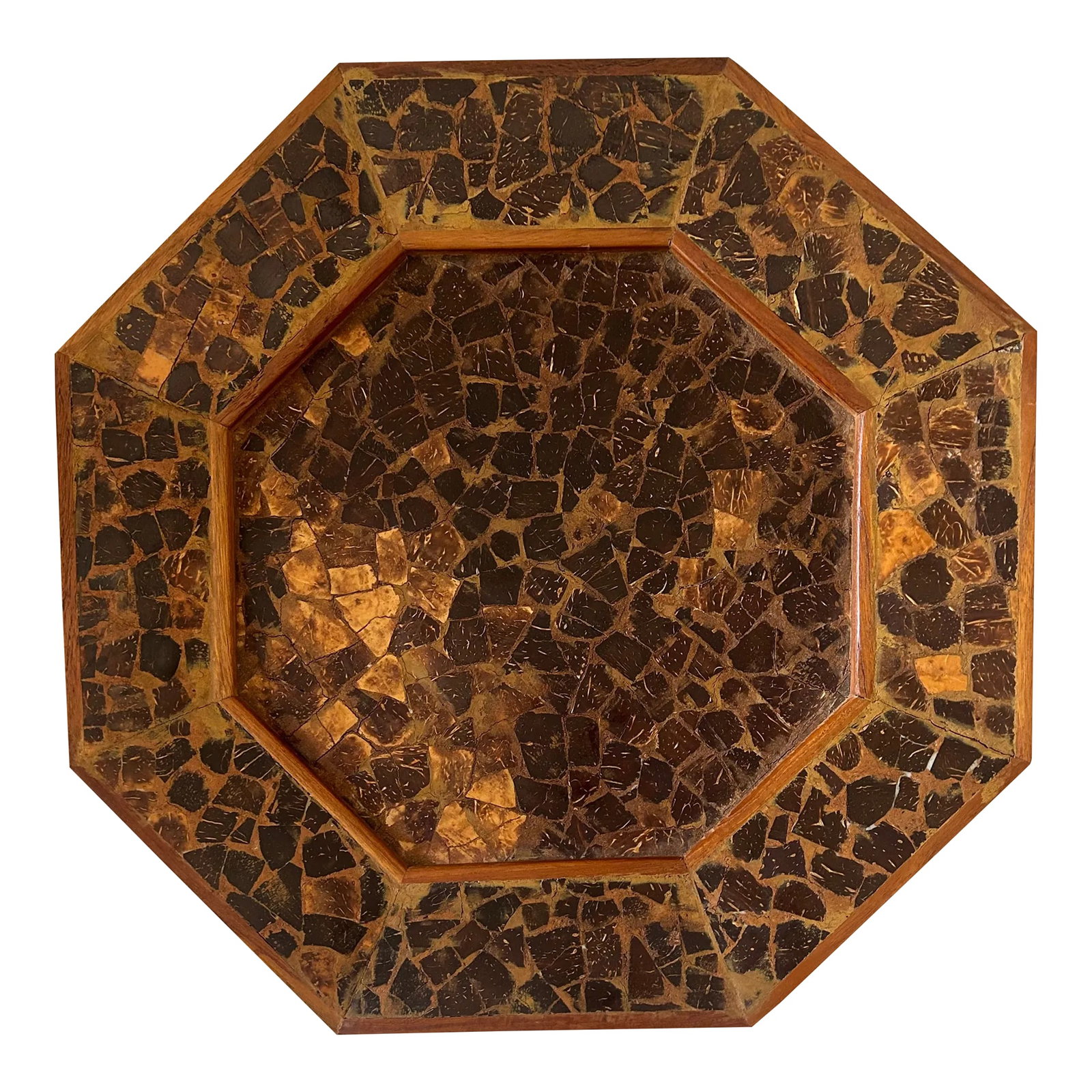 Vintage Brutalist Wood Mosaic Folk Art Charger Tray: This unique and striking Mid-Twentieth Century octagonal charger/tray is truly a work of art. Brutalist inlaid wood mosaic detailing cover the front of the tray giving it a wonderful depth and visual
