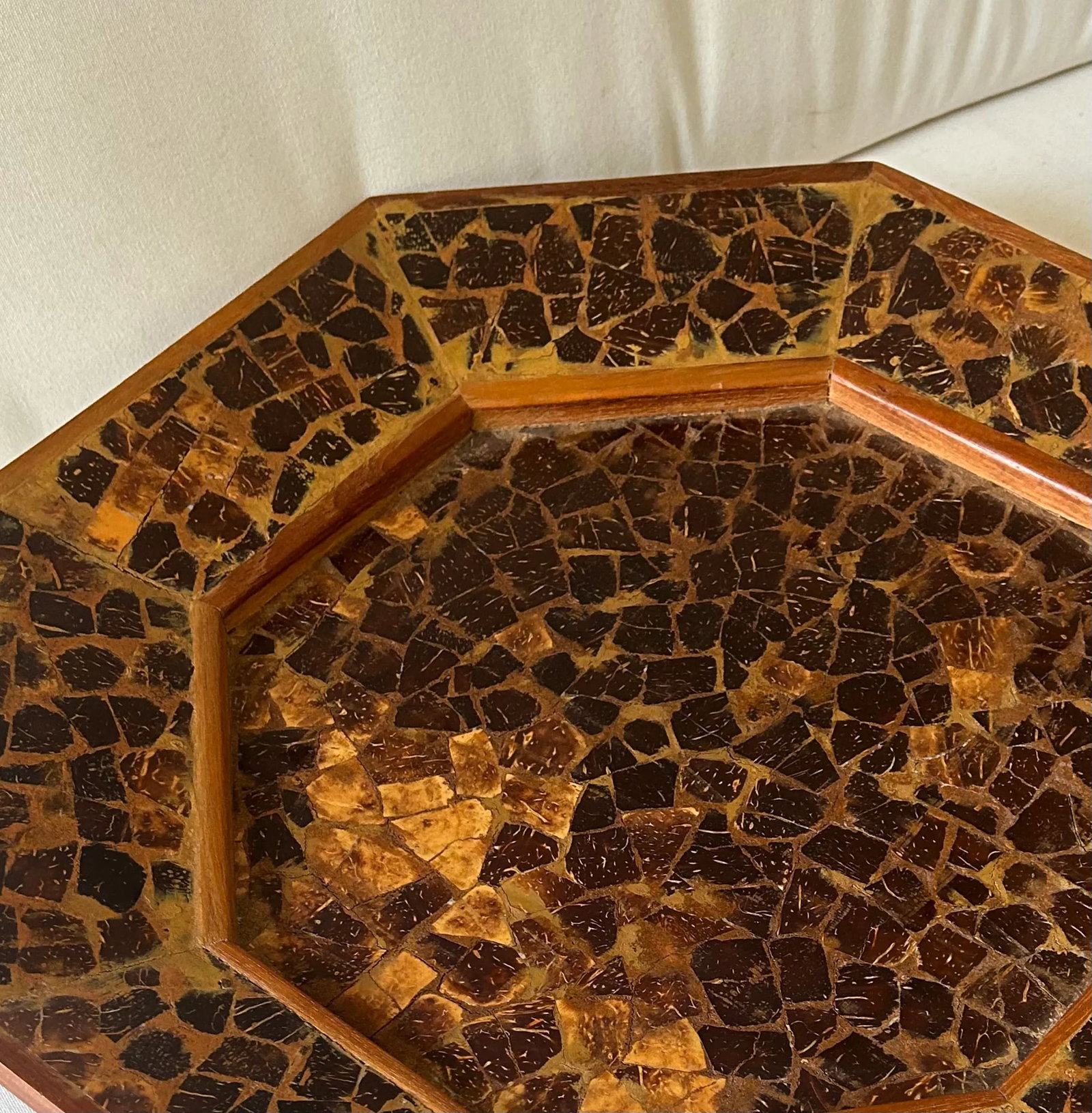 Vintage Brutalist Wood Mosaic Folk Art Charger Tray - 2