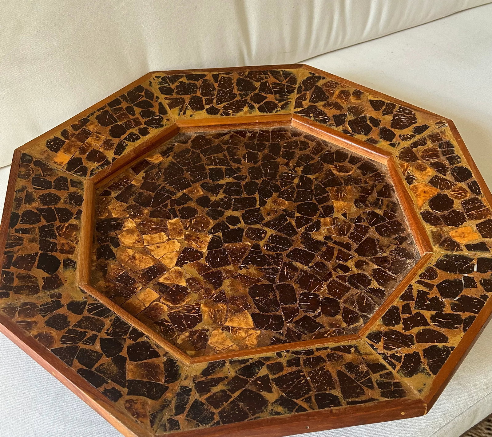 Vintage Brutalist Wood Mosaic Folk Art Charger Tray - 3