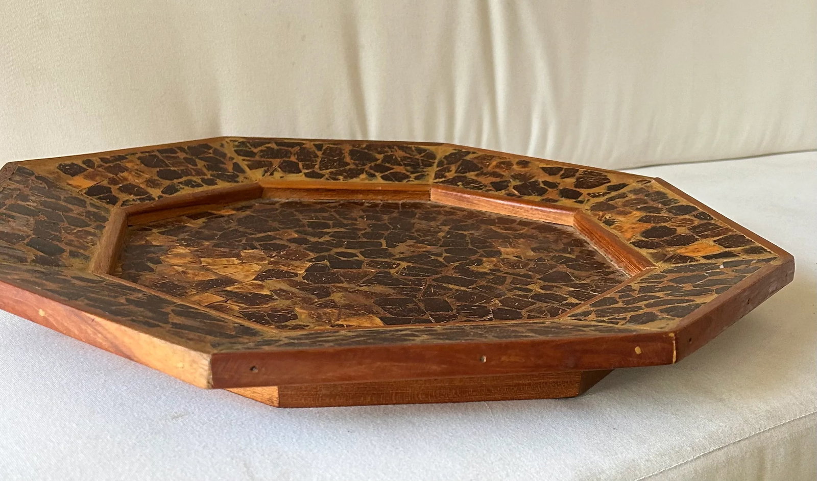 Vintage Brutalist Wood Mosaic Folk Art Charger Tray - 5