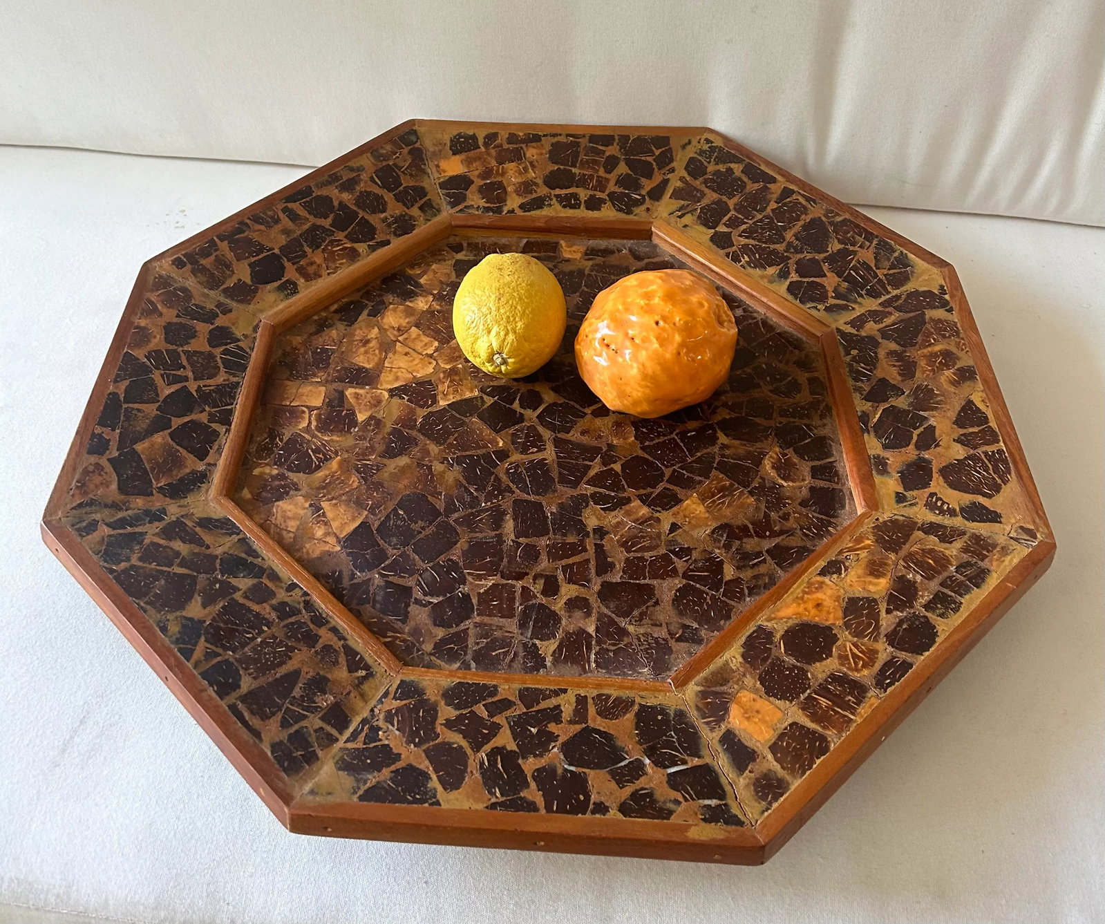 Vintage Brutalist Wood Mosaic Folk Art Charger Tray - 6