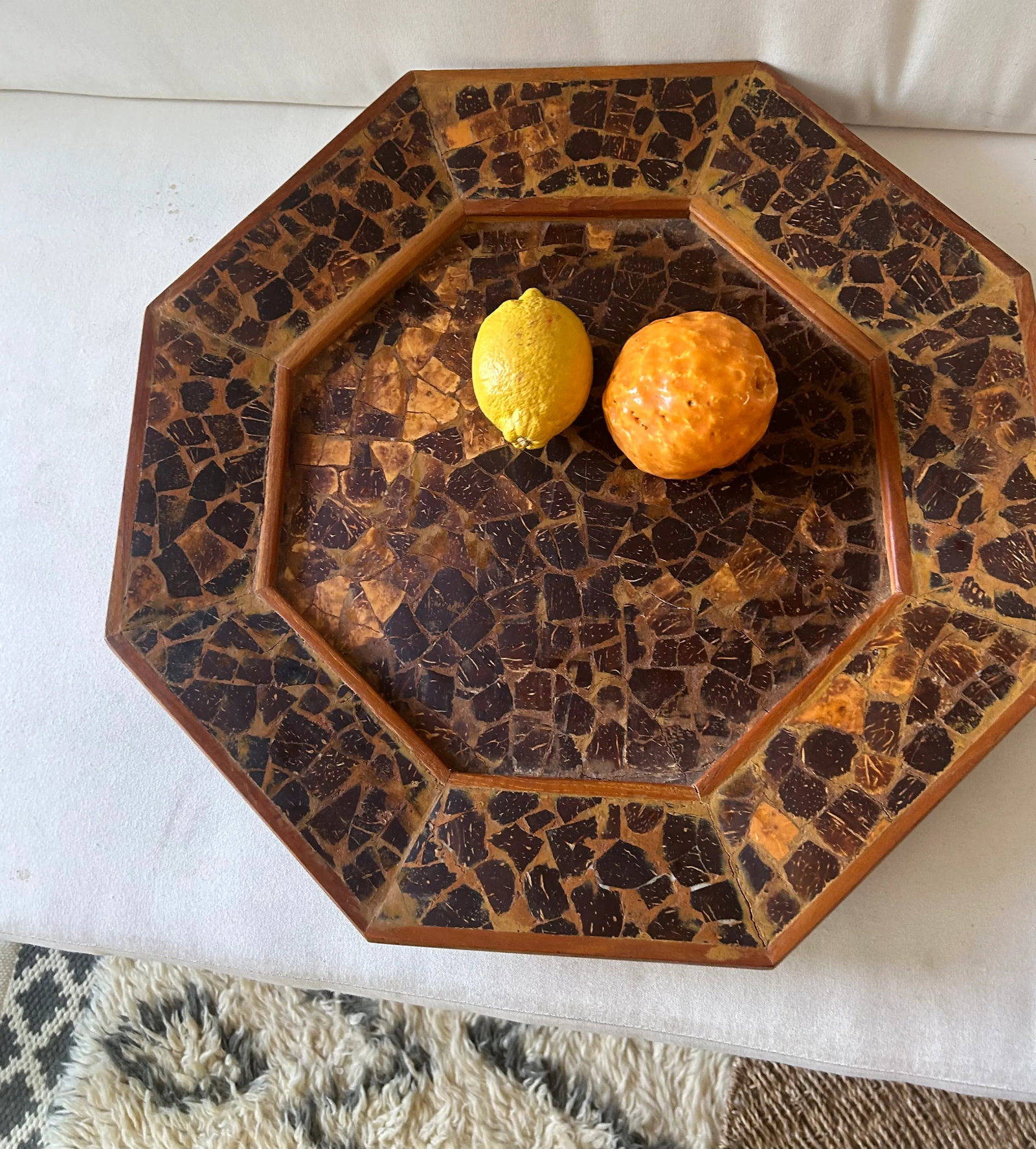 Vintage Brutalist Wood Mosaic Folk Art Charger Tray - 8