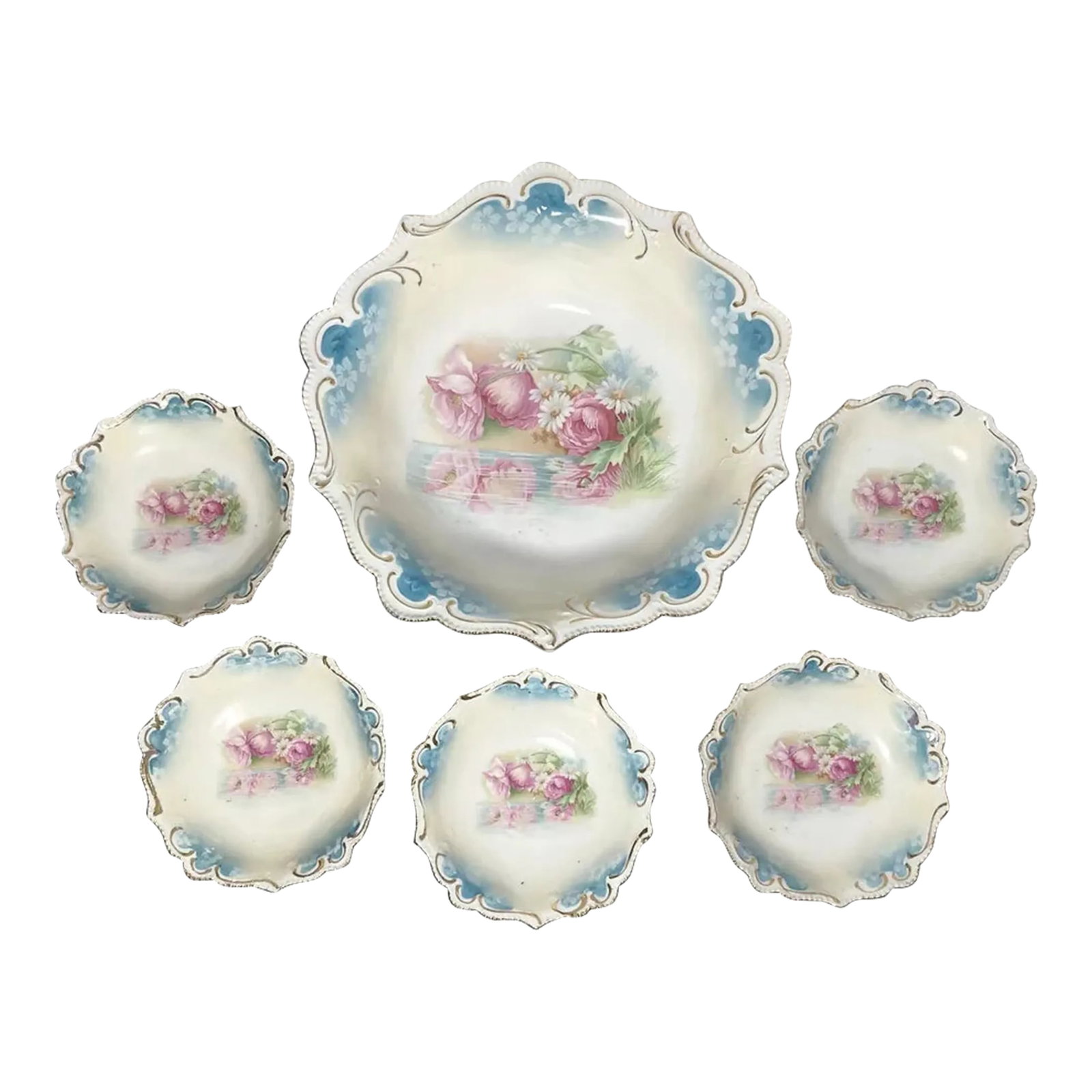 1900s Rs Prussia 6-Piece Blue Porcelain Berry or Fruit Serving Bowl & Individual Bowls: RS Prussia 6-Piece Blue Porcelain Berry or Fruit Serving Bowl & Individual Bowls No chips, cracks, or fleabites. Set Includes 1 Serving Bowl 5 Individual Bowls Total 6 Serving Bowl Length 10 7/8"