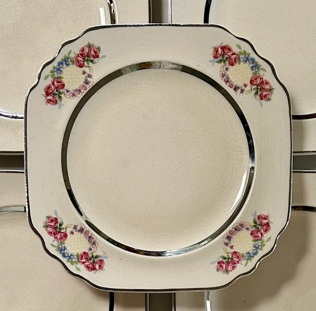 Limoges Art Deco Pink Floral and Silver Trim Dessert Plates - Set of 5 - 2