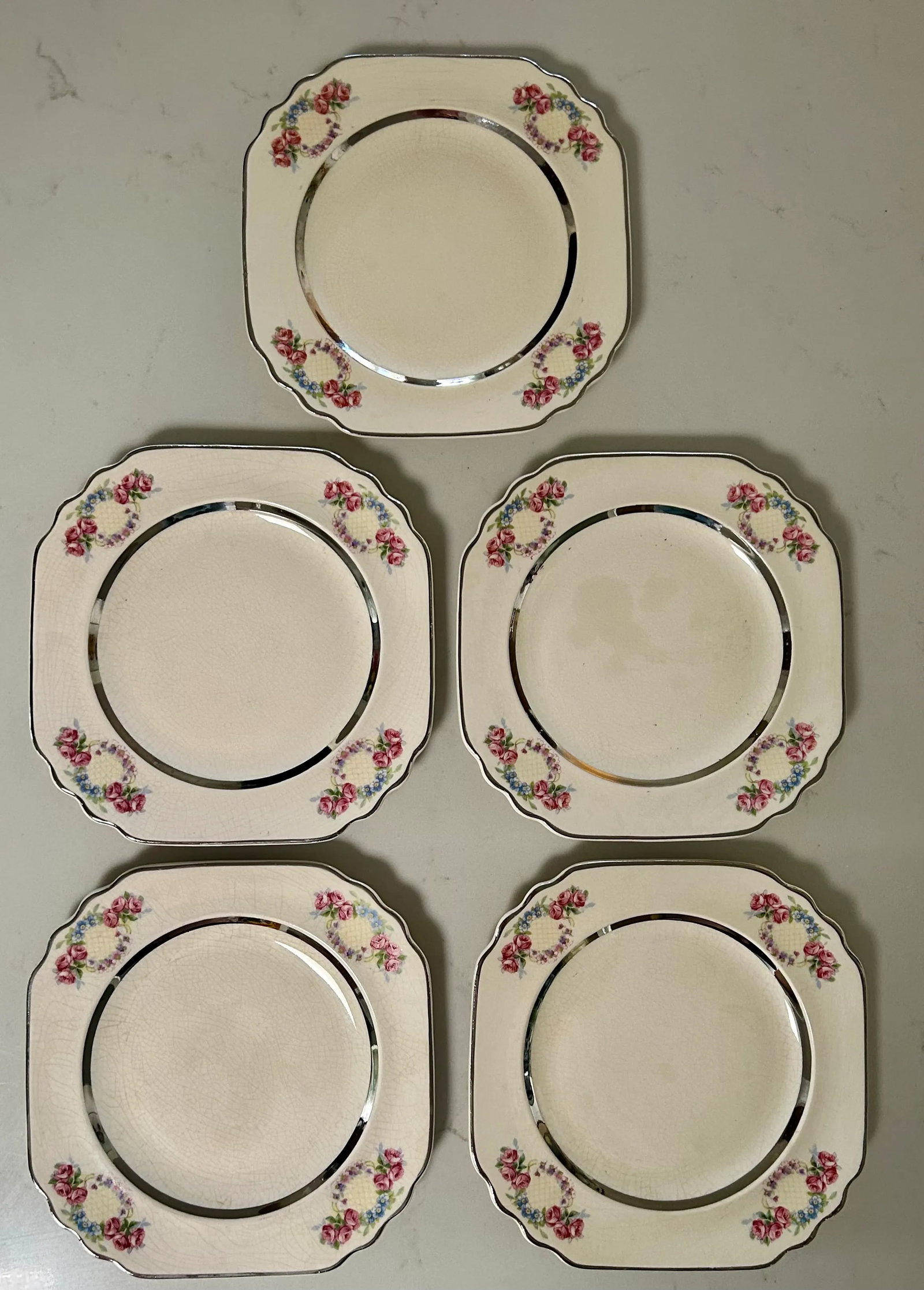 Limoges Art Deco Pink Floral and Silver Trim Dessert Plates - Set of 5 - 3