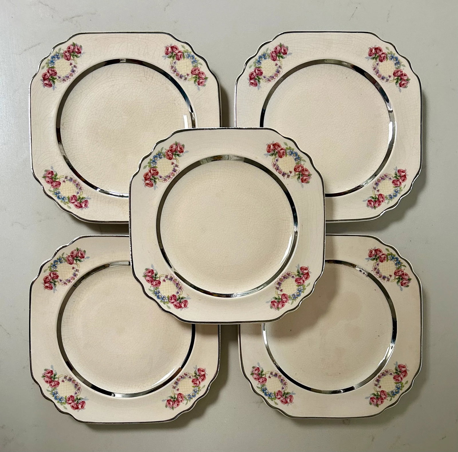 Limoges Art Deco Pink Floral and Silver Trim Dessert Plates - Set of 5 - 7