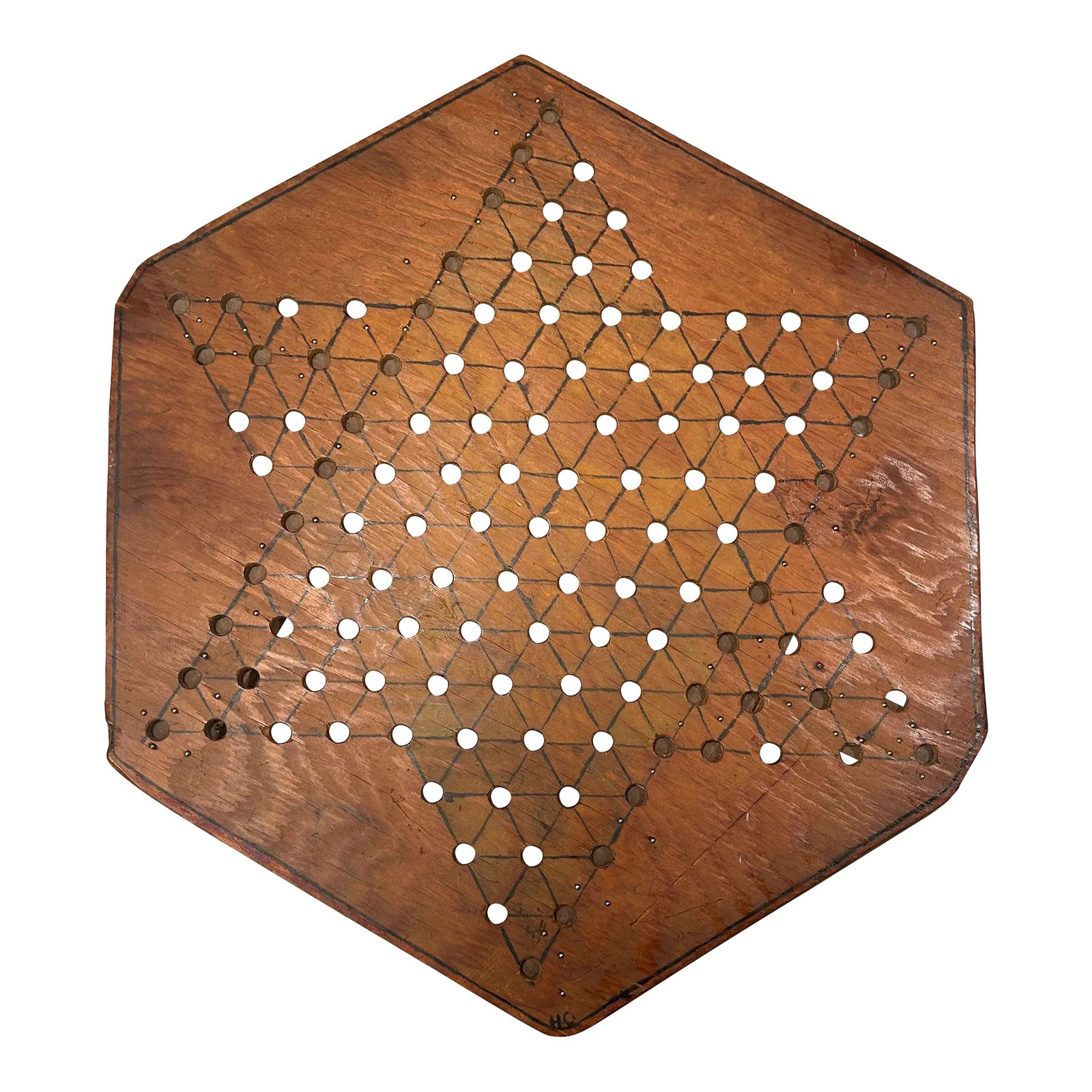 1970's Folk Art Wooden Chinese Checker Board Hanging, Signed by Artist: It's all fun and games...or art! This Brutalist hexagonal game board, circa 1970's, is striking enough to hang on a wall and is signed by the artist, H.C. Handcrafted of rough plywood cut to show the