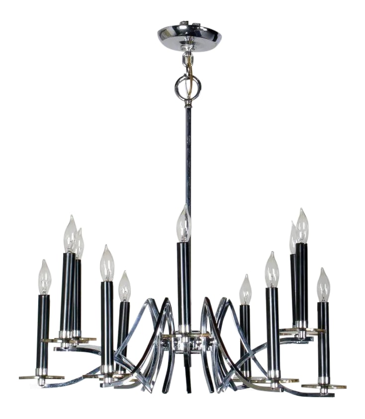 Chrome & Smoked Lucite Twelve-Arm Chandelier: Exquisite 12 arm ceiling fixture in chromed brass with an alternating over and under design. Each light features a black sheath and a smoked Lucite bobeche. Very striking modern chandelier.