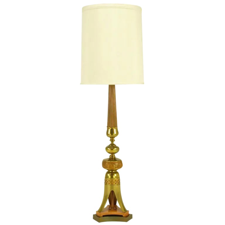 Japanese Fluted Wood & Brass Reverse Trefoil Base Table Lamp: Tall Japanese table lamp comprised of carved and lacquered wood, stamped and lacquered brass with a pierced and backed open tripodal footed base. Mounted on a reverse trefoil two part plinth. marked i