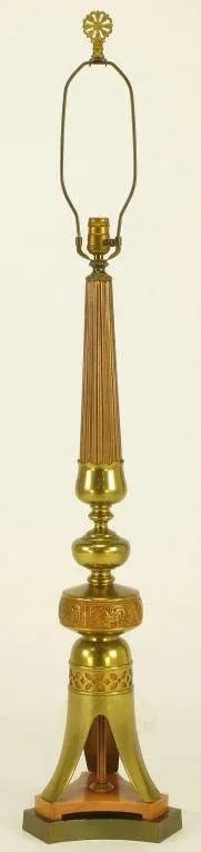 Japanese Fluted Wood & Brass Reverse Trefoil Base Table Lamp - 2