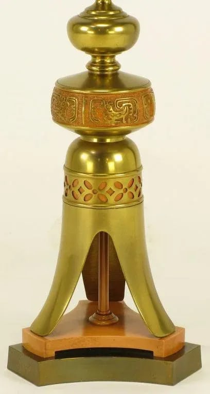 Japanese Fluted Wood & Brass Reverse Trefoil Base Table Lamp - 6