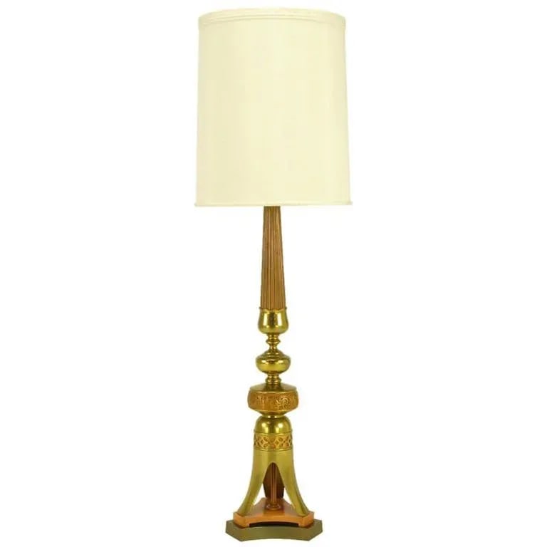 Japanese Fluted Wood & Brass Reverse Trefoil Base Table Lamp - 9