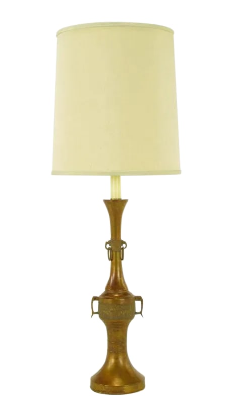 Tall Japanese Gilt Bronze Urn Table Lamp.: Gilt brass Japanese urn with a pair of handles, the top handles with rings. Bands of relief at each pair of handles. Condition: Alterations: Original Condition Unaltered Imperfections: Some