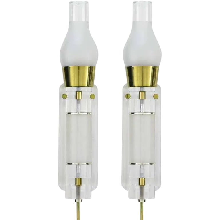 Extraordinary 24" Lucite, Brass & Glass Wall Sconces - a Pair: Versatile pair of Lucite and brass cylindrical wall sconces/lamps with brass rod arms that extend outward from the Lucite backing plate. Brass and chrome spacers between each level of clear and