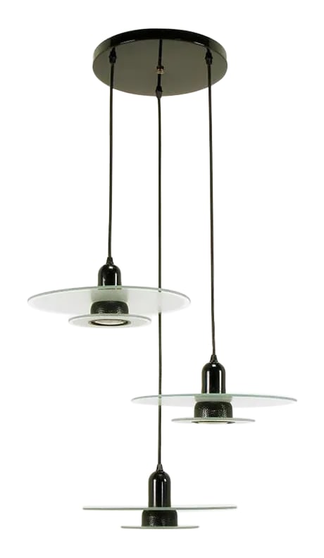 Art Deco Revival Etched Glass and Black Enamel Three-Light Pendant: Art Deco revival three-light pendant fixture with etched and clear two part glass disc shades. Black enamel steel bullet housing is pierced between the 1st and second glass discs. Black wrapped