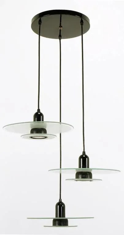 Art Deco Revival Etched Glass and Black Enamel Three-Light Pendant - 2