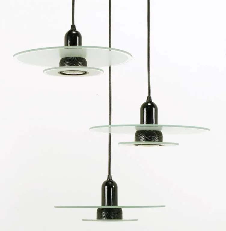 Art Deco Revival Etched Glass and Black Enamel Three-Light Pendant - 3