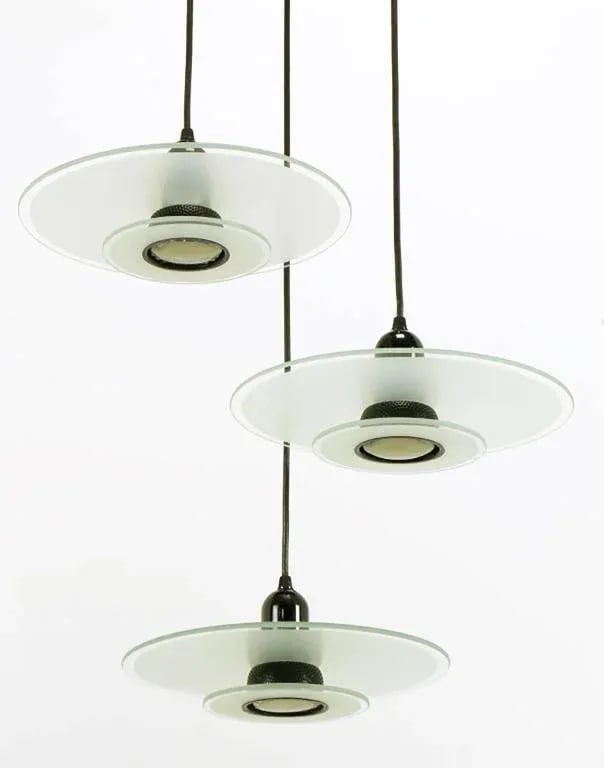 Art Deco Revival Etched Glass and Black Enamel Three-Light Pendant - 4
