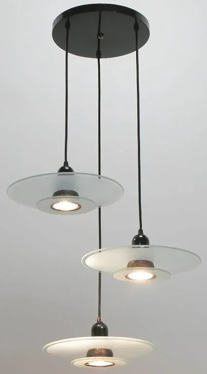 Art Deco Revival Etched Glass and Black Enamel Three-Light Pendant - 5