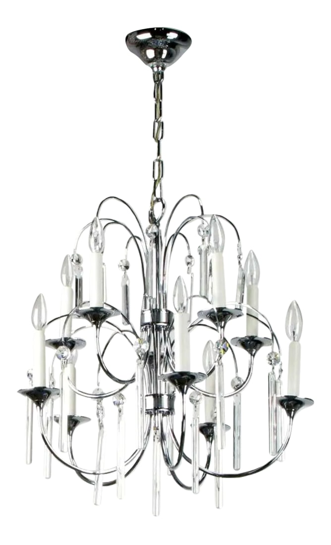 Italian Chrome & Crystal Ten-Arm Waterfall Chandelier: Beautiful chrome over brass ten arm Italian chandelier with trumpet bobeches and long square rod crystals with angled tops. The look evokes an illuminated fountain. Condition: Alterations: Original