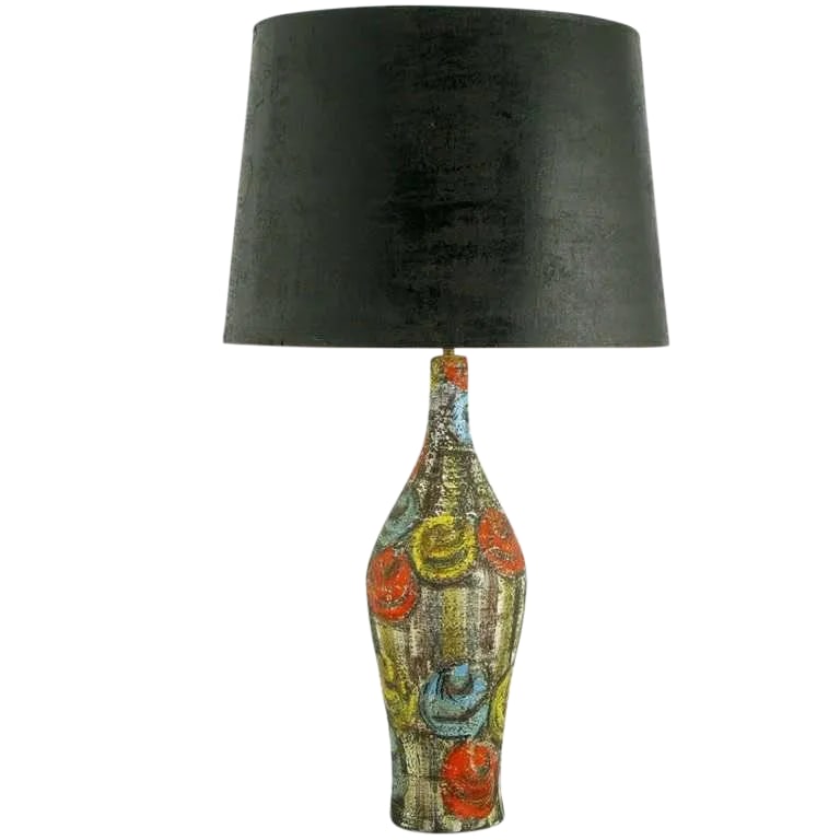 Raymor Italian Hand Glazed Colorful Abstract Ceramic Table Lamp: Colorful Italian hand thrown and glazed bottle form table lamp by Raymor. Beautifully and vibrantly colored in turquoise, saffron yellow, and persimmon orange over earthen tones. Signed. In the