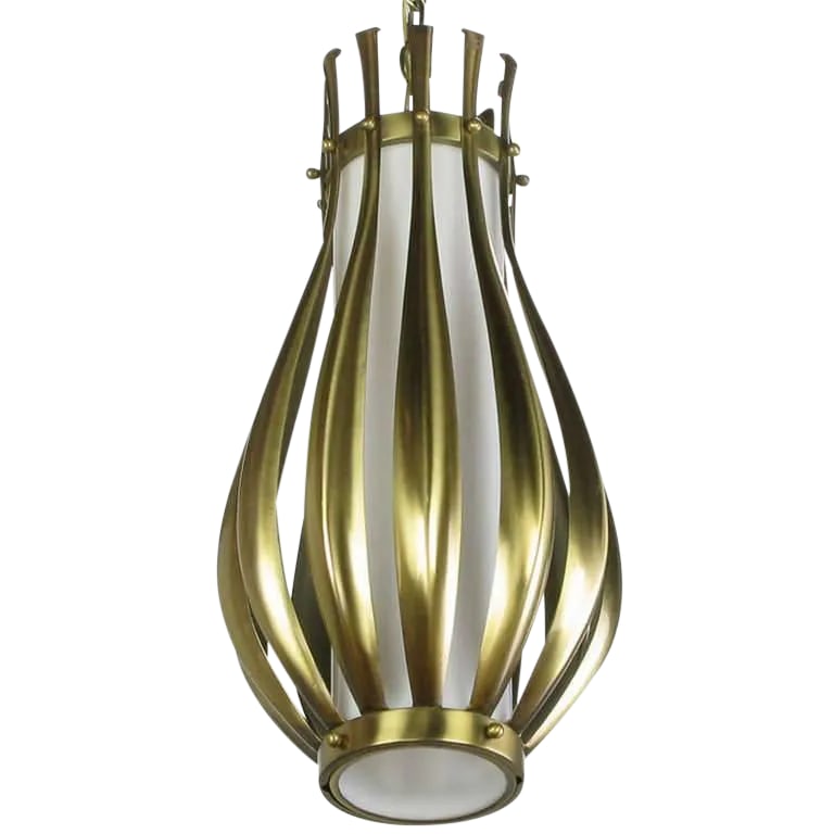Gourd-Form Brushed Brass and Milk Glass Pendant Light: Ribbed and brushed brass gourd form pendant hanging light fixture, with a milk glass internal shade. Detailed with brushed brass balls. Similar to some designs by Gerald Thurston for Lightolier.