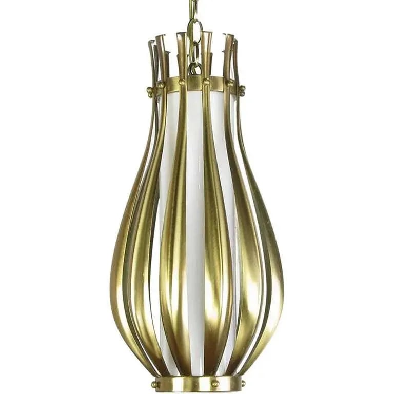 Gourd-Form Brushed Brass and Milk Glass Pendant Light - 3