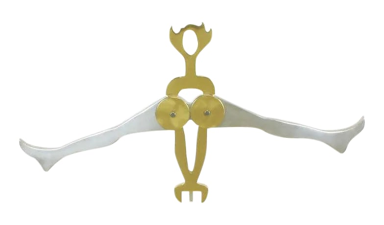Eichengreem & Gensburg Brass & Aluminum Gymnast Sculpture on Lucite Stand: Brass and polished aluminum sculpture of a gymnast mounted on an acrylic stand by sister collaborators Arleen Eichengreen and Nancy Gensburg. Number 7 in a series of 8. Signed under right leg.