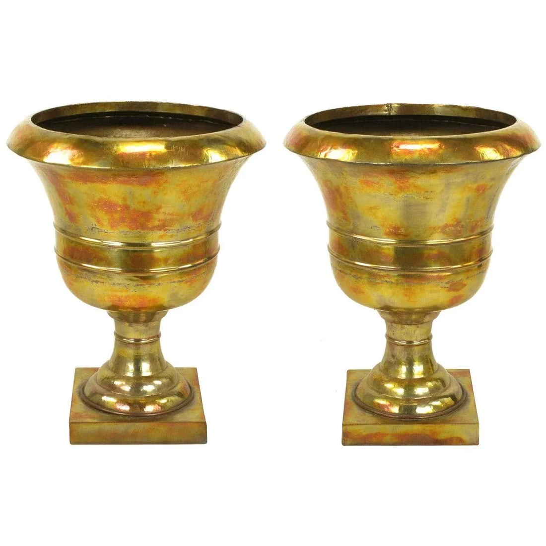 Palatial Tall Acid Rinsed and Hammered Brass Urns - a Pair - 8