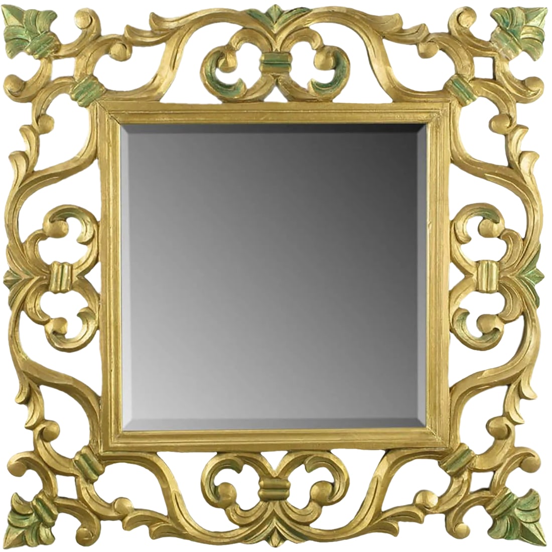 Carved Gilt Wood Mirror With Fleur-De-Lis Detail: Excellent hand carved and gilt wood framed beveled edge mirror with shades of verde accents. Versatile mirror with many applications. Condition: Alterations: Original Condition Unaltered