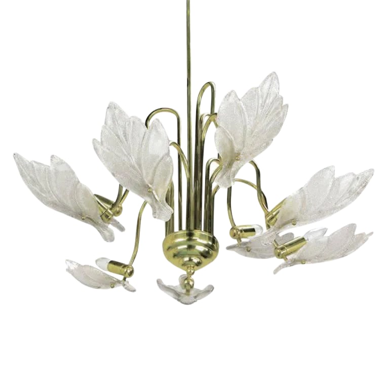 Nine-Arm Murano Glass Leaf Chandelier in the Style of Barovier & Toso: Elegant nine-arm Murano glass leaf shade chandelier in the style of Barovier & Toso. Each leaf is opaque bubble glass with gold leaf inclusions. 360 possible watts of illumination. Matching sconces av