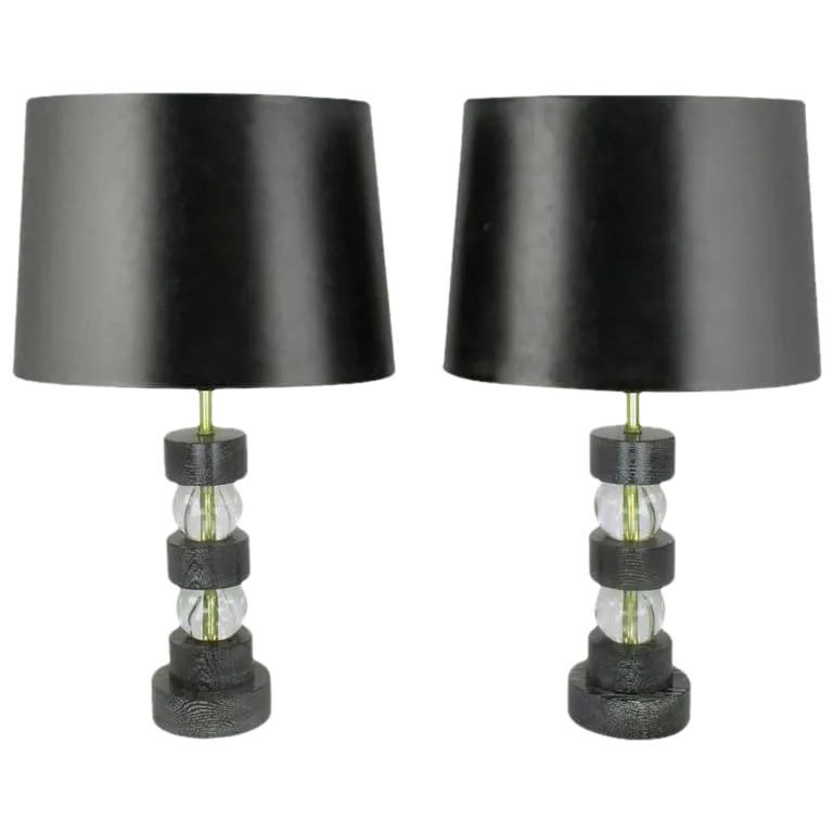Black Cerused Oak and Crystal Ball Segmented Table Lamps: Excellent pair of black lacquered and cerused oak crystal ball segmented table lamps with brass double sockets. Great size for nightstands or at either end of a console table. Sold sans shades.