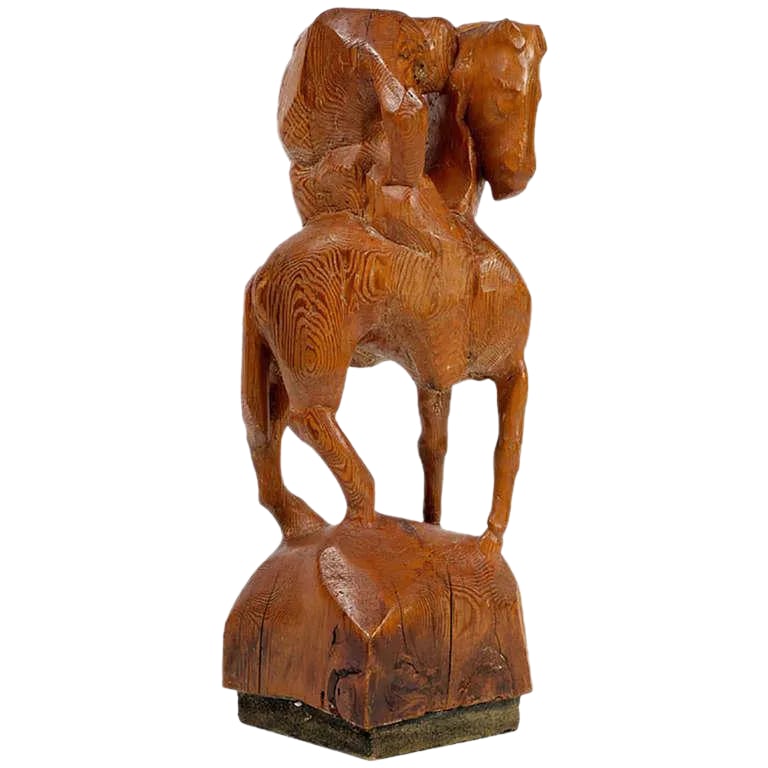 "Horse & Weary Rider" Large Abstract Carved Wood Sculpture: Sculpted from a single piece of 34" tall wood, this work portrays a man on his horse, wearily resting his head on the horse's mane. Condition: Alterations: Original Condition Unaltered Imperfections:
