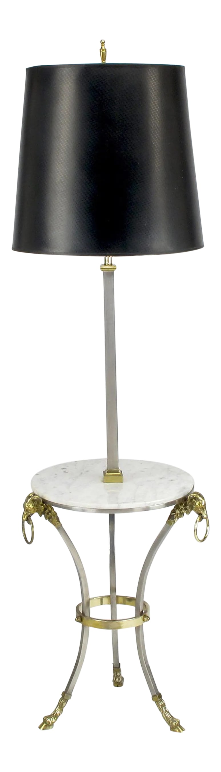 Nickel & Brass Rams Head & Hooved Floor Lamp With Carrera Marble Table Top: Neoclassical Italian nickel and brass floor lamp with Carrara marble tabletop. Tripodal curved legs with brass hoof feet and ram heads with ringed ornaments. Double socket cluster with adjustable