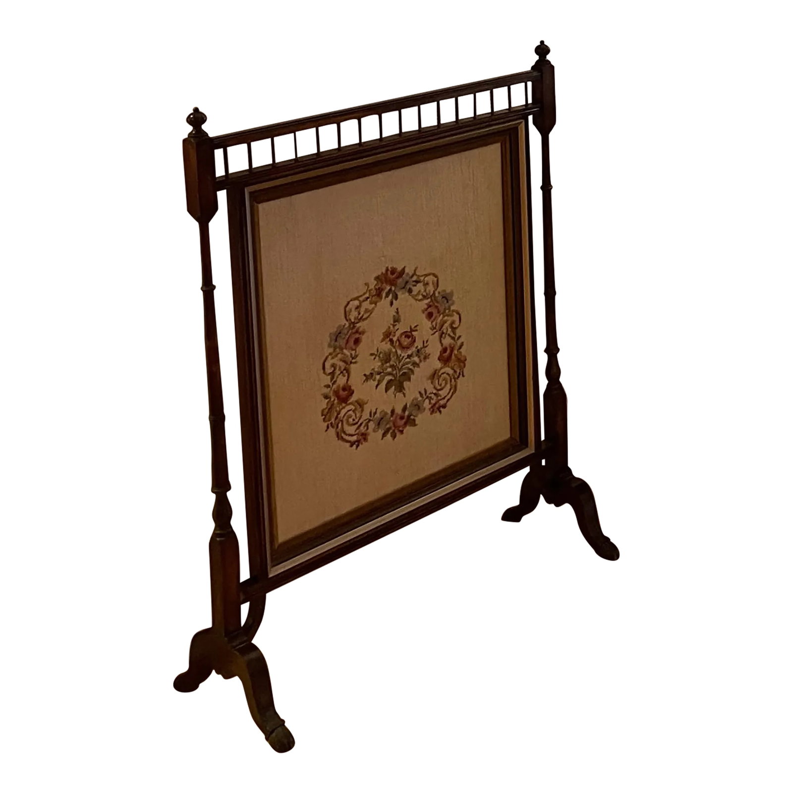 English 19th Century Mahogany and Needlepoint Fireplace Screen: Rare English mahogany and needlepoint fireplace screen. Handmade. In very good condition. Condition: Alterations: Restored Imperfections: Some Imperfections Condition Notes: This piece is in very