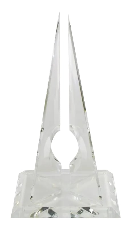 Hivo Van Teal Pyramidal Acrylic Sculpture: Four part acrylic pyramidal sculpture by Hivo Van Teal. Four canted and beveled triangular pieces of acrylic or Lucite with an open circular carved center. All surmounted on a beveled plinth base.