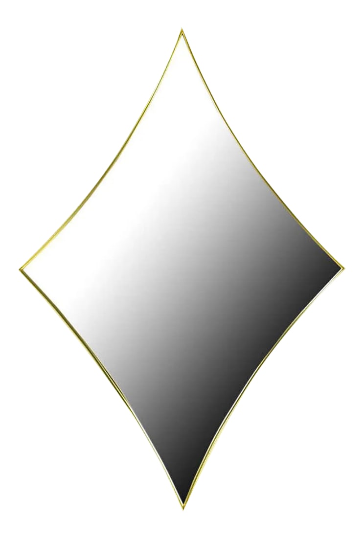 1960s Brass Rhombic Arc Framed Mirror: Elegant and clean lined arc-edge rhombus mirror framed in a simple, thin beveled brass frame. Condition: Alterations: Original Condition Unaltered Imperfections: Some Imperfections Condition Notes: