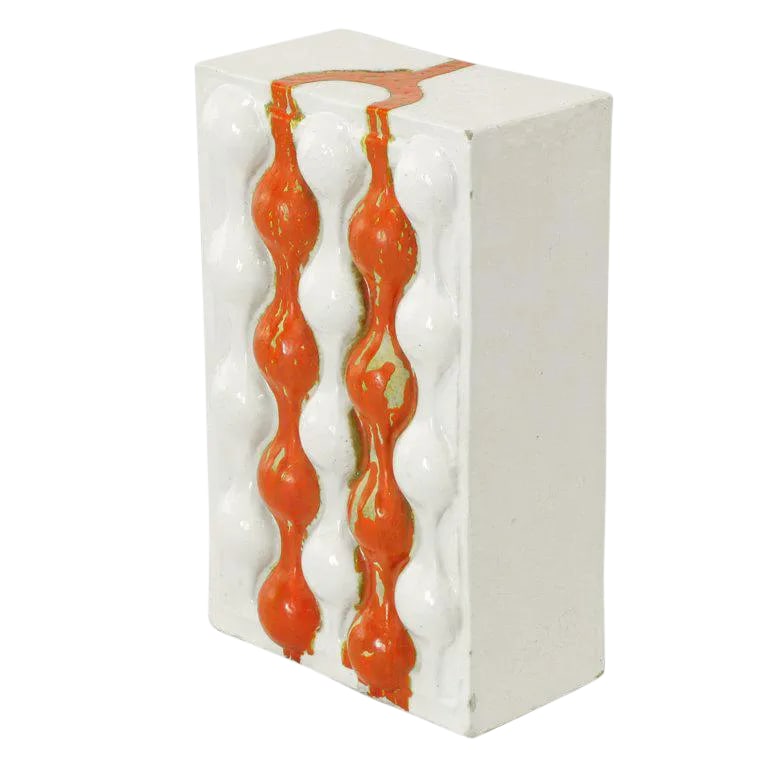 William A. Hoffman (1920-2011) Bi-Color Crate Ceramic Sculpture: A colorful take on his other "crates" sculptures by William August Hoffman (1920-2011), a ceramic sculptor and professor of ceramics at the prestigious Art Institute of Chicago. Originally part of a