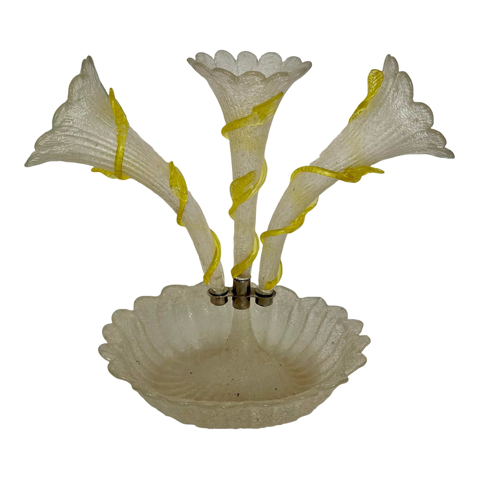 Antique Crystal Glass Epergne: Lovely antique epergne with three flutes. Made of clear crystal textured glass with yellow vines and leaves, it is in excellent condition! A couple of discolorations - please see photos. Condition: