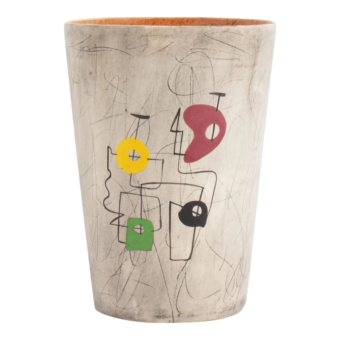 Weg William Forauer and Elmer Gross Mid-Century #13 Vase: A mid-century WEG #13 vase by William Forauer and Elmer Gross. The round, tapered vase features a black, brown, and white glazed finish depicting a colorful geometric design on the center front. The