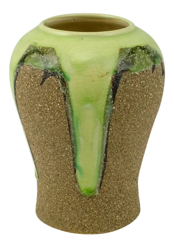 Ginger Jar Shaped Vase in Celery & Rough Sand Glaze: Unusual petite vase in a tradition Asian ginger jar form with the uncommon rough sand like finish. The celery colored glaze abstract forms are outlined in black. Condition: Alterations: Original