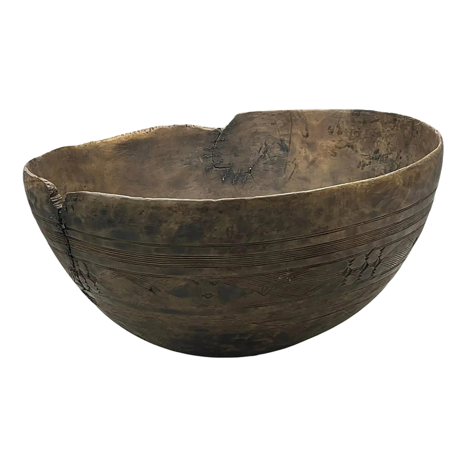 Antique African (Taureg) Wooden Bowls: This authentic vintage Tuareg wood bowl was originally used to store food and as liquid containers for soured milk and yogurt; which is a part of the Tuaregs' main diet. It is hand carved from thin