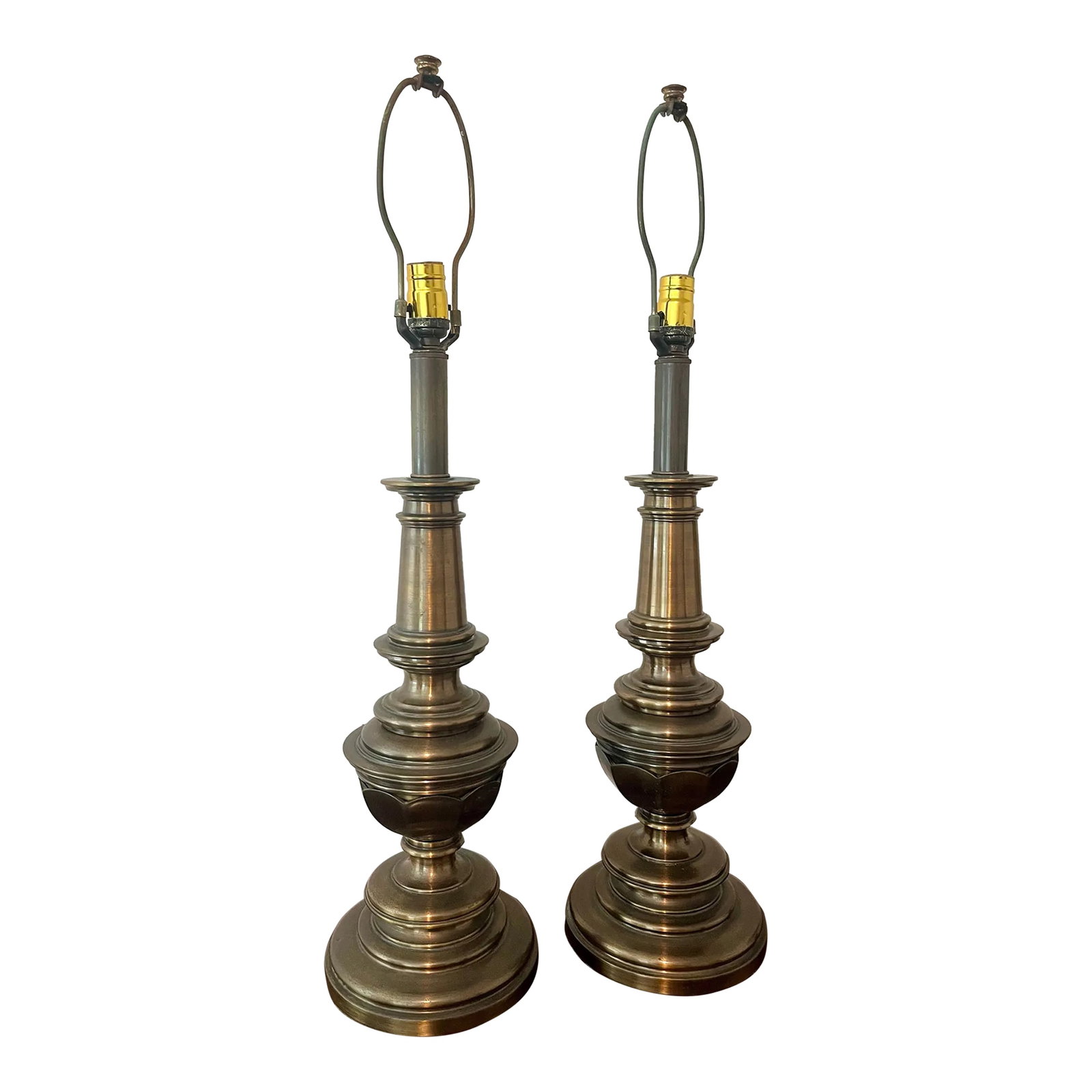 Vintage Brass Automax Lamps - a Pair: Stamped vintage brass Automax lamps, a fine example of mid-century design. These lamps are a great addition to any collection or decor. The brass body haselegant detailing, showcasing the timeless