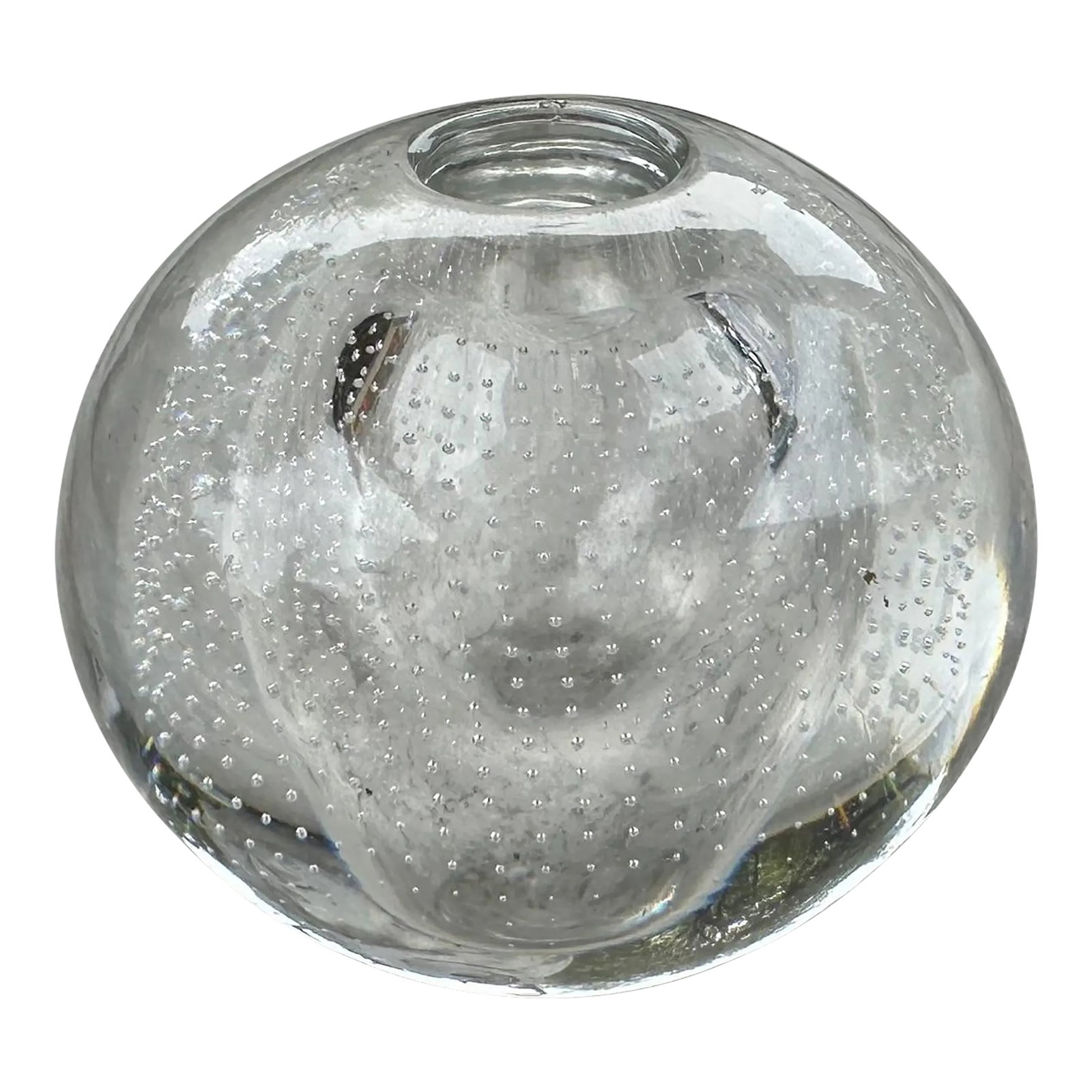 A.d. Copier for Leerdam Clear Glass Spijkervaas Vase With Control Bubbles G9354: AD Copier for Leerdam Spherical vase in clear glass, internally decorated with control bubbles, 1960s. Condition: Alterations: Original Condition Unaltered Imperfections: Some Imperfections Condition