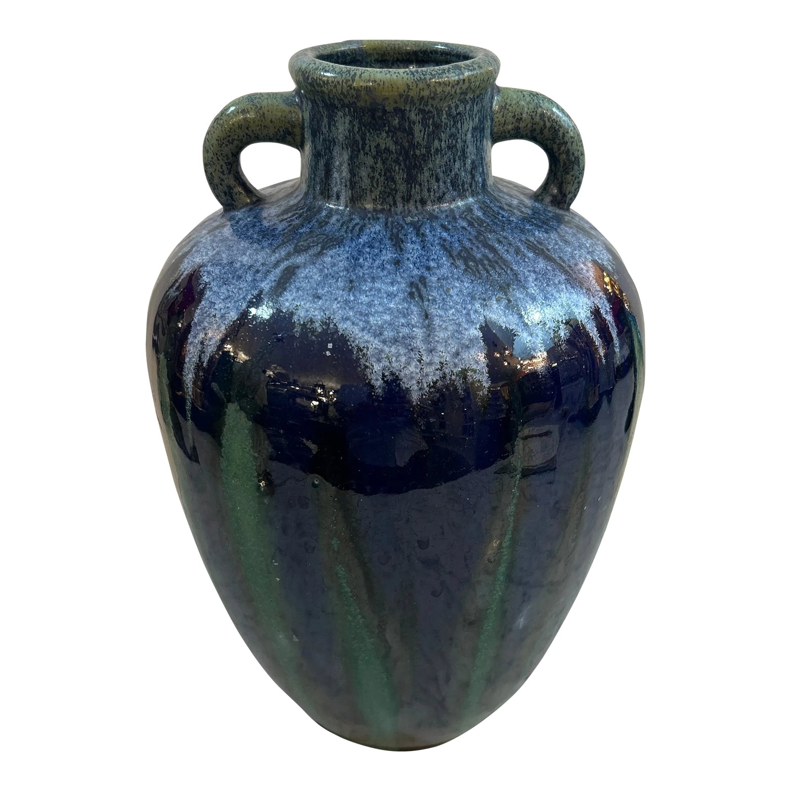 Blue and Green Drip Glaze Pottery Urn Vase/ Vessel: Richly colored deep navy and green drip glaze double handle urn vase. Speckled top portion in green and grey naturally blends into the lower portion with more solid colors. Condition: Alterations: Ori