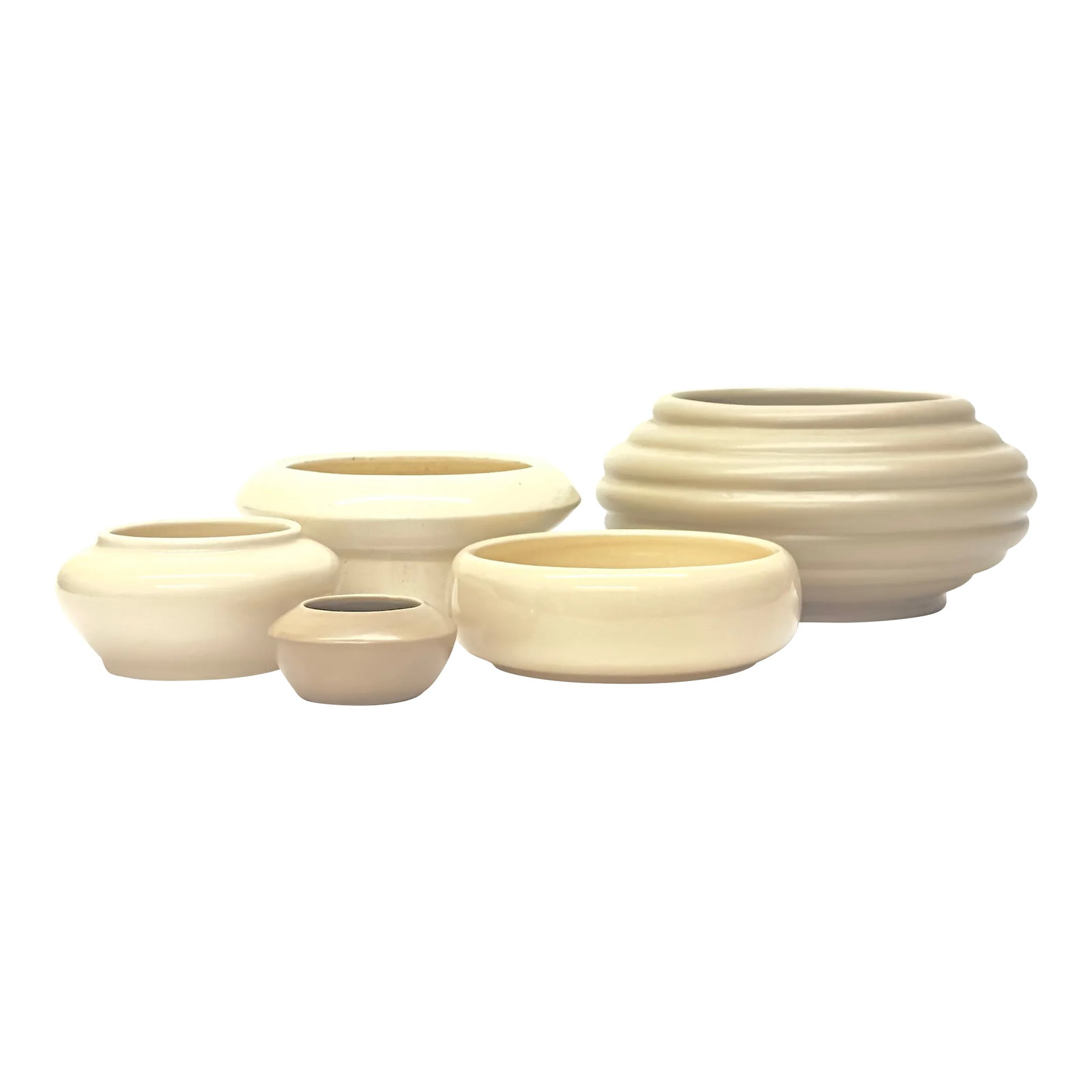 Vintage Mid Century Modern Bone and Beige Planters - Group of 5: Neutral white ceramic planters, group of 5. This set of minimalist mid-century planters is in a neutral colorway, featuring white, taupe, and cream shades, as well as a variety of textures, shapes,