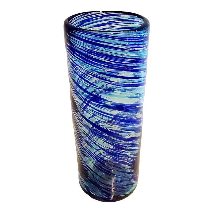 Mid 20th Century Swirling Blues Handblown Vase: Striking handblown vintage swirling blues vase. Would look fabulous with one single large bud or a small bouquet! Handblown with a thick rim and has a lovely range of deep blues to turquoise. In very
